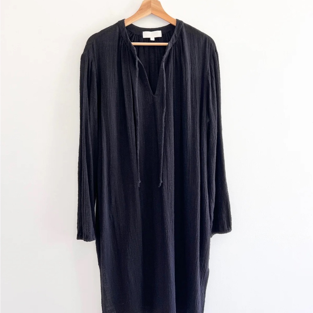 Black Cotton Gauze Long Sleeve Midi Summer Dress